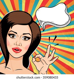 Retro pop art young woman thinking and showing OK hand sign. Brunette woman smiling with OKAY gesture. Vector illustration.