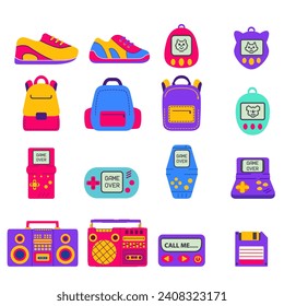 Retro pop culture from 90s.Portable videogame console.Cassette player headphones.Cassette tape recorder.Radio boombox record.Cartoon 90s pop-art.A school backpack. Technologies of the 90s.Floppy disk.