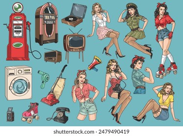 Retro pop culture colorful set stickers with cute women and equipment from 20th century for magazine design vector illustration