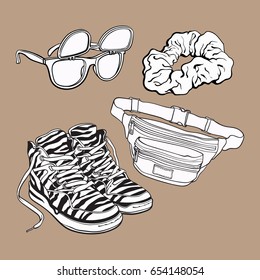 Retro pop culture items from 90s - scrunchie, sunglasses with removable lenses, zebra sneakers and waist pack, sketch illustration isolated on brown background.