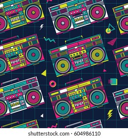 Retro Pop Eighties Boombox Radio Seamless Pattern. 80's Background Wallpaper