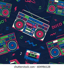 Retro Pop Eighties Boombox Radio Seamless Pattern. 80's Background Wallpaper