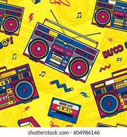 Retro Pop Eighties Boombox Radio Seamless Pattern. 80's Background Wallpaper