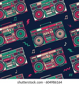 Retro Pop Eighties Boombox Radio Seamless Pattern. 80's Background Wallpaper