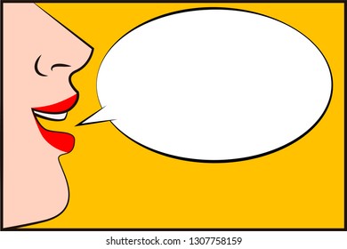 Retro pop illustration of a profile of a woman saying something with a balloon