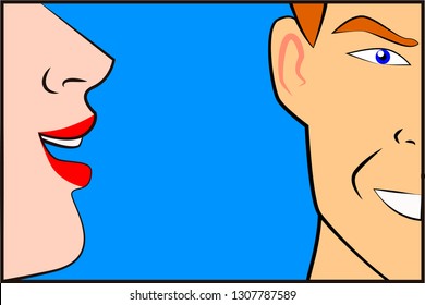 Retro pop illustration of a woman's profile saying something to a man's ear