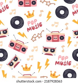 Retro pop music party seamless pattern isolated on white. Textile vintage style print design with cassette, boombox, and vinyl. Bright colored repeated background. Hand drawn flat vector illustration