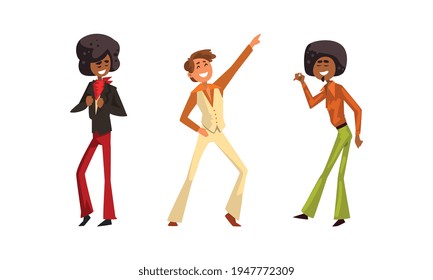 Músicos pop retro ambientados, cantantes de moda personajes vestidos con un vector de dibujos animados de moda estilo disco 70 Ilustración