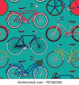 Retro pop and vintage bicycle bike seamless pattern. Wallpaper background