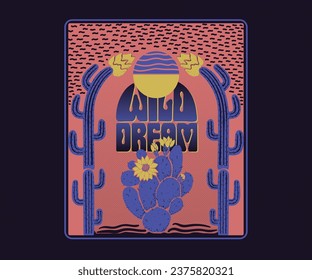 retro pop western vector design, retro vintage desert design, art nouveau, cactus flower illustration. western desert artwork for t shirt, sticker, poster, graphic print