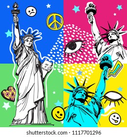 Retro pop-art style colorful illustration. 80s fashion, 80s print. Memphis design elements and Statue of Liberty, America. Eighties style graphic template. East editable vector artwork.