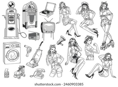 Retro popculture set stickers monochrome with home appliances and gas station near girls in seductive pinup style clothes vector illustration