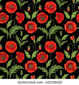 Retro poppy flower summer seamless pattern. Traditional red and green colors design for textile, digital print, wallpaper or web background.