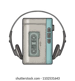 Retro portable audio tape recorder with headphones. Vintage vector color engraving illustration for poster, web. Isolated on white background. Hand drawn design element