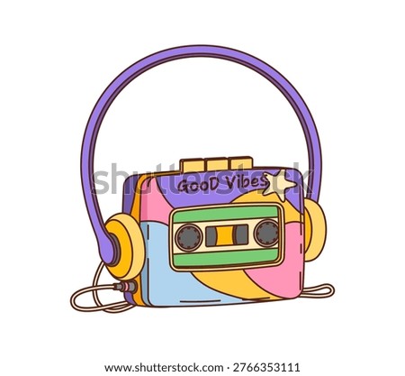 Retro portable cassette player groovy object. Vintage electronics device, music stereo audiotape recorder or cartoon isolated vector vintage stereo music cassette portable player with headphones