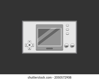 Retro portable console game and watch. Isolated on black background. Vintage pocket game console. Japanese classic handheld gadget from 80s. 