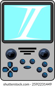 Retro portable console isolated in white and blue colors in white background cartoon illustration