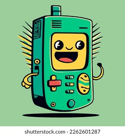 Retro portable console video games, Happiness character with a face. Vector illustration