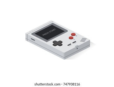 Retro portable Game Console. Game concept. Isometric view. Vector flat illustration.