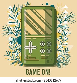 Retro portable game on leaf background, Multimedia or video game computer handheld portable retro game console.