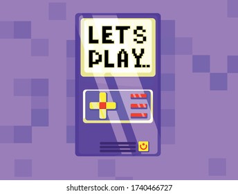 Retro portable gaming device with a words "Let`s play" on the screen on purple background with pixels.