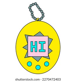 Retro portable pets pocket game of 90s, electronic toy, doodle style flat vector