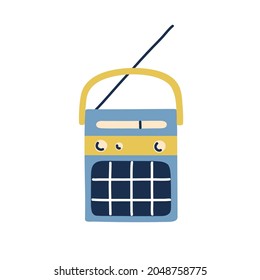 Retro portable radio with speaker and antenna. Old music receiver with loudspeaker. Small wireless audio equipment in 80s and 90s style. Flat vector illustration isolated on white background