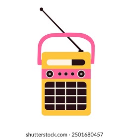 Radio portátil retro con altavoz y antena. Antiguo receptor de música con altavoz. Pequeño equipo de audio inalámbrico en estilo de los años 80 y 90. Ilustración vectorial plana aislada sobre fondo blanco