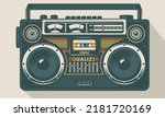 Retro portable stereo radio cassette recorder. Vector illustration. Soft green boombox, cassette tape, art image illustration, isolated on beige background, old mix tape vintage retro cassette design 