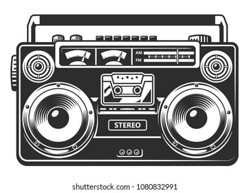 Retro portable stereo radio cassette recorder. Vector illustration