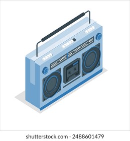 Retro portable stereo radio cassette recorder. Soft blue boombox, cassette tape, art image illustration, isolated on beige background, old mix tape vintage retro cassette design. 2560 Musical boom box