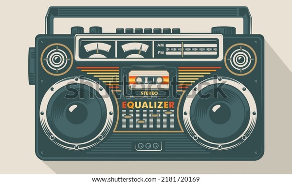 Retro portable stereo radio cassette recorder. Vector\
illustration. Soft green boombox, cassette tape, art image\
illustration, isolated on beige background, old mix tape vintage\
retro cassette design 