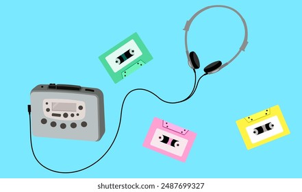 Retro portable tape cassette player from 1990, vintage old music player with earphones and colorful audio cassette tape on blue background, entertainment technology 90s, vector illustration.