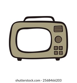 Retro portable television with transparent screen hand drawn vector illustration. Frame for your image with copy space isolated on white background, vintage entertainment concept 
