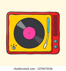 Retro portable turntable hand drawn pop art style illustration.