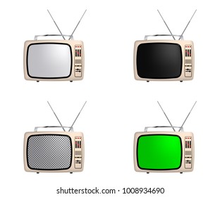Retro portable tv set with different screen: white, black, transparent and green. Isolated on white background. Vector illustration.