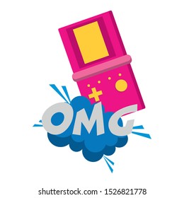 retro portable videogame with omg word in pop art style over white background, vector illustration