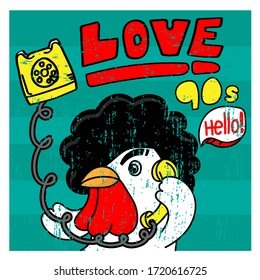 Retro portrait of cute chicken talking on phone,illustration as vector.