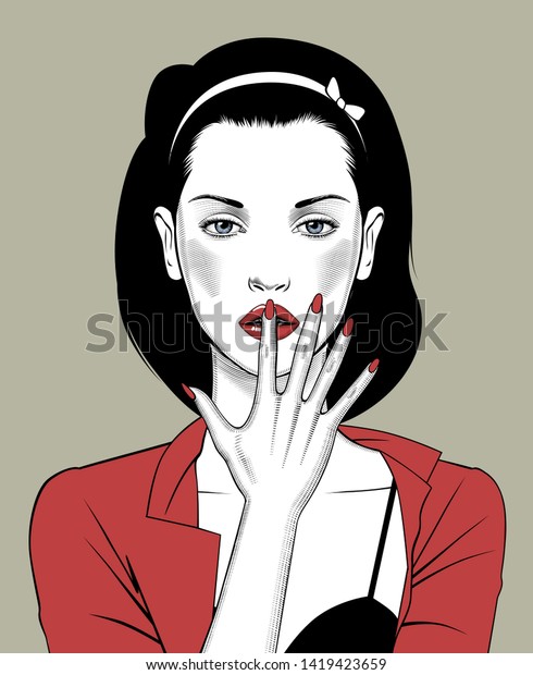 Retro Portrait Glamorous Woman Unbuttoned Red Stock Vector Royalty