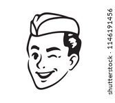 Retro portrait of Soda Jerk boy winking. Classic 50s soda fountain or ice cream server. Vintage vector illustration.