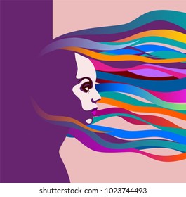 Retro portrait of a woman with hair blowing in the wind, eps10 vector