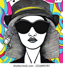 retro portrait of a woman, vector illustration portrait, fashion detailed, vintage, face, girl, sunglasses, hat