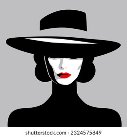 Retro portrait of young beautiful woman with hat and red lipstick, fashion model, vector illustration