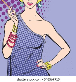 Retro posing model with long cigarette. Women with long cigarette. Long cigarette. Concept idea of advertisement and promo. Pop art retro style illustration. People in retro style. Halftone background