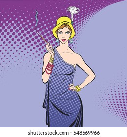 Retro posing model with long cigarette. Women with long cigarette. Long cigarette. Concept idea of advertisement and promo. Pop art retro style illustration. People in retro style. Halftone background