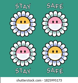 Retro Positive Mask on Flower Vector Art Illustration. Smiling Flower Icon Fashion Illustration. Stay Safe Vintage Slogan T shirt Print Design.