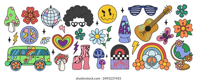 Retro positive vibe 70s, Carton graphic set, aesthetic and symbols 70s. Groovy vibe stickers - hippie, psychedelic trippy, peace, rainbow, acid mushrooms, flowers, disco elements. Groovy graphic set