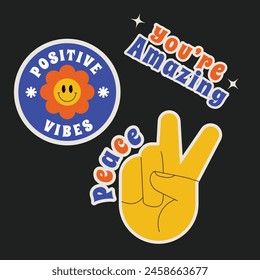 Retro positive vibes stickers are useful for presentation elements, prints and banners