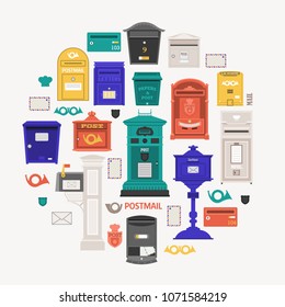 Retro post office card with vertical pillar letter-box, public wall letterboxes and mail posts with envelope and horn symbols. Vintage mailbox circle print with classic london royal post box icons.