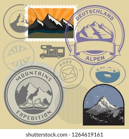 Retro post stamps or badges set with the mountains. Outdoor expedition, mountain adventure signs or symbols, vector illustration